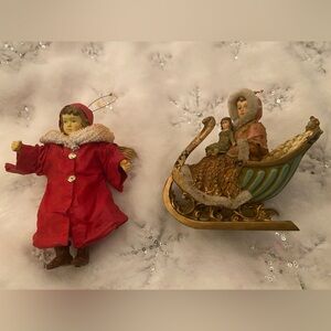 RARE STUNNING ORNAMENTS Louis Nicole Sleigh & Cloth Mache Red-Coated Angel